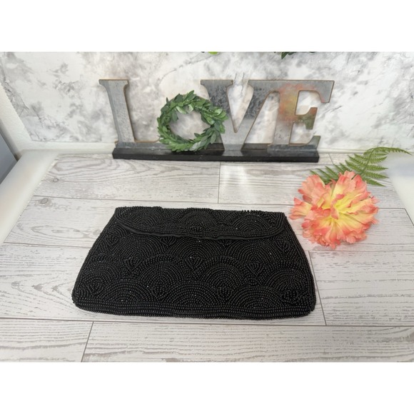Hato Hasi Black Beaded Vintage Japan Satin Lined Clutch Evening Formal Purse EUC